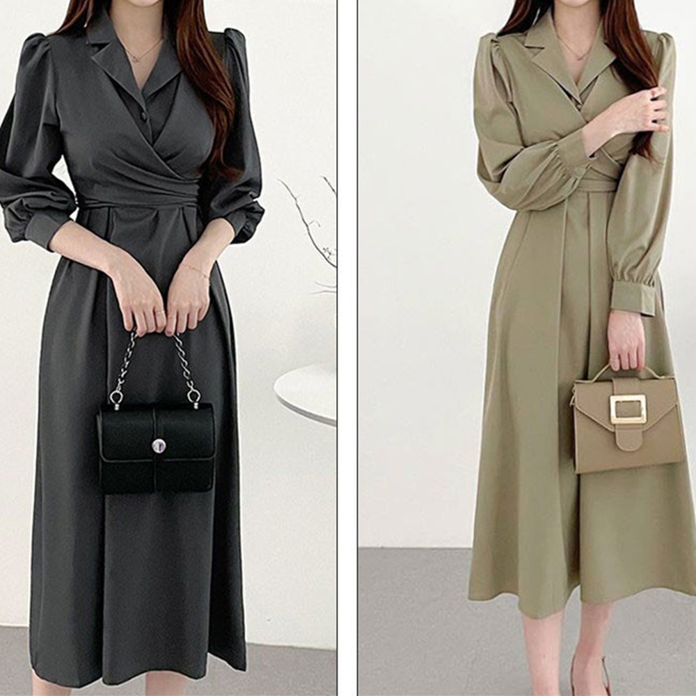 A라인원피스 카라 셔츠 봄 가을 트렌치 간절기 플리츠 긴팔 맥시 롱원피스 하객룩 제품 이미지