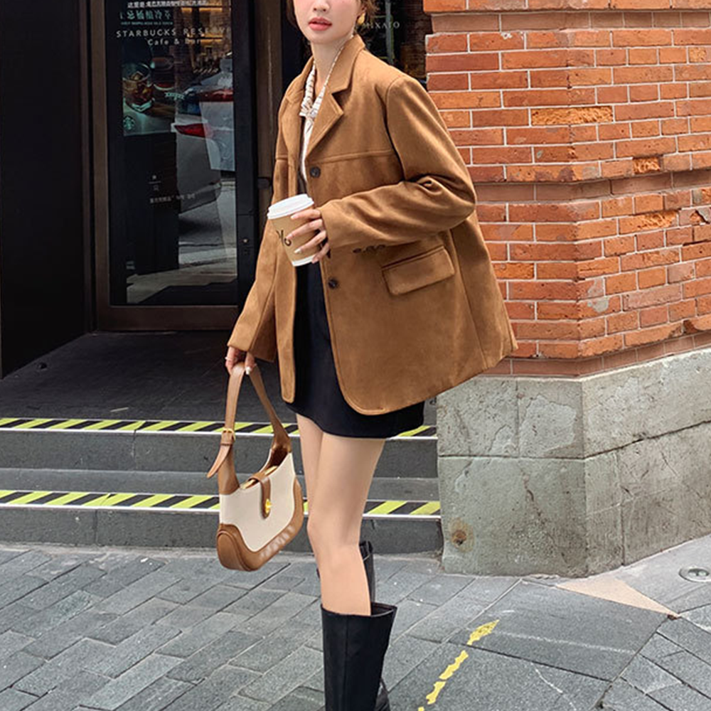 스웨이드 블레이저자켓 가을아우터 여성 카라 브라운 오버핏 반코트 세무자켓 - 상세 이미지 5