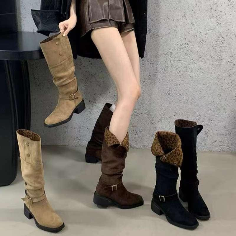 여성 웨스턴 부츠 빈티지 데님 레오파드 롱부츠 - 상품 이미지
