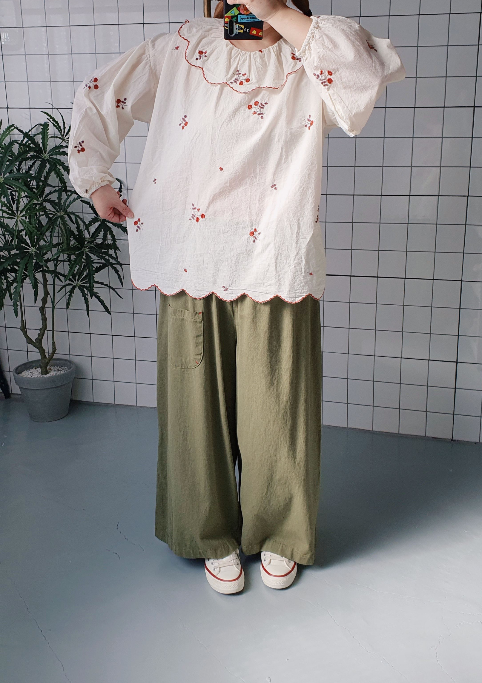 자수 카라 면 블라우스 - 상세 이미지 5