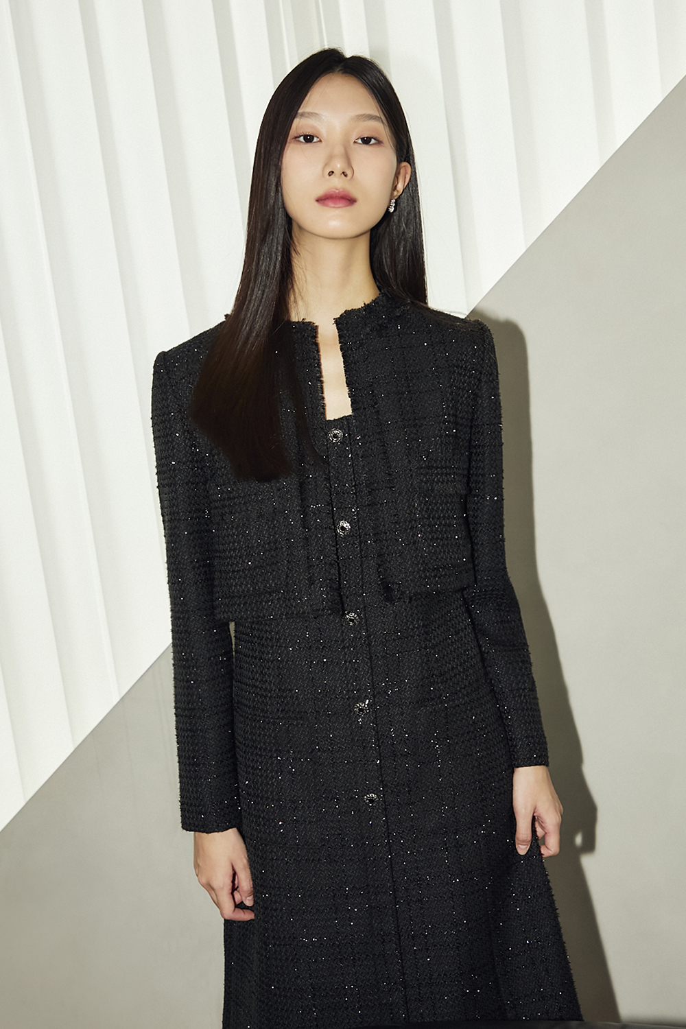JANE Long sleeve Fringe Tweed Cropped Jacket_black 이미지 6