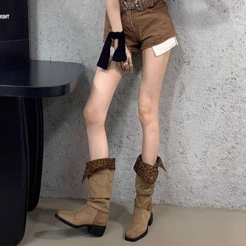여성 웨스턴 부츠 빈티지 데님 레오파드 롱부츠 - 상세 이미지 3
