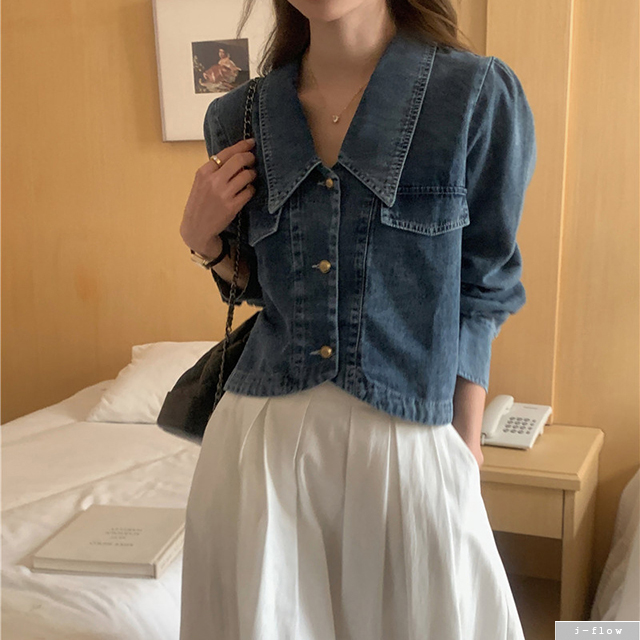 메이롱 카라 퍼프 크롭 데님 자켓 2col 봄 가을 브이넥 블라우스 코튼 금장 제이플로우 - 상품 이미지