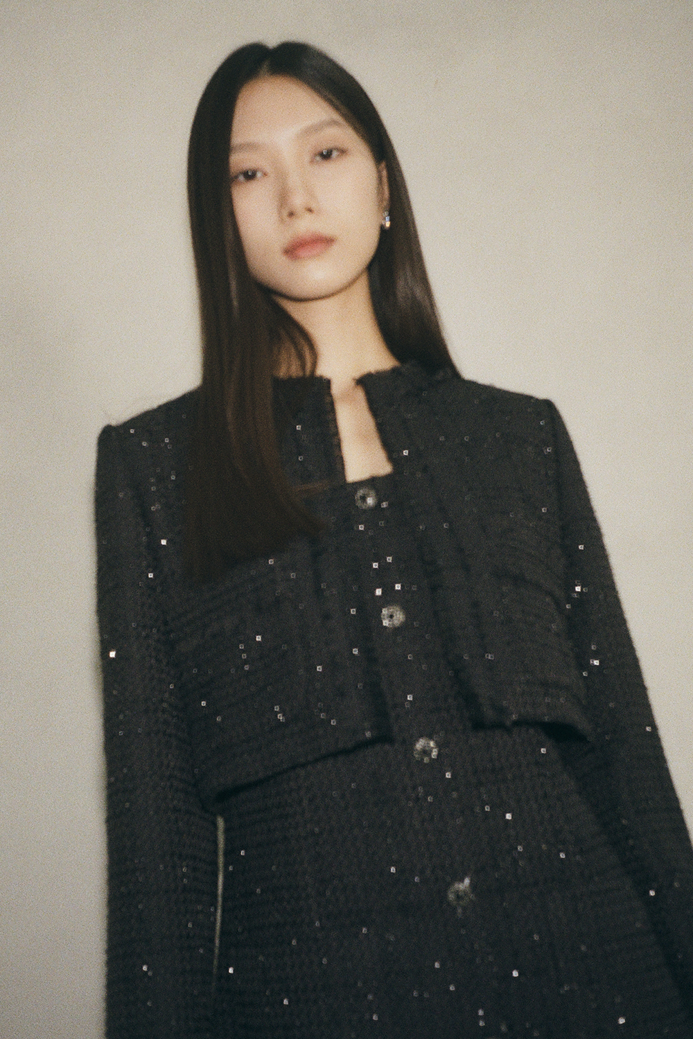 JANE Long sleeve Fringe Tweed Cropped Jacket_black - 상세 이미지 3