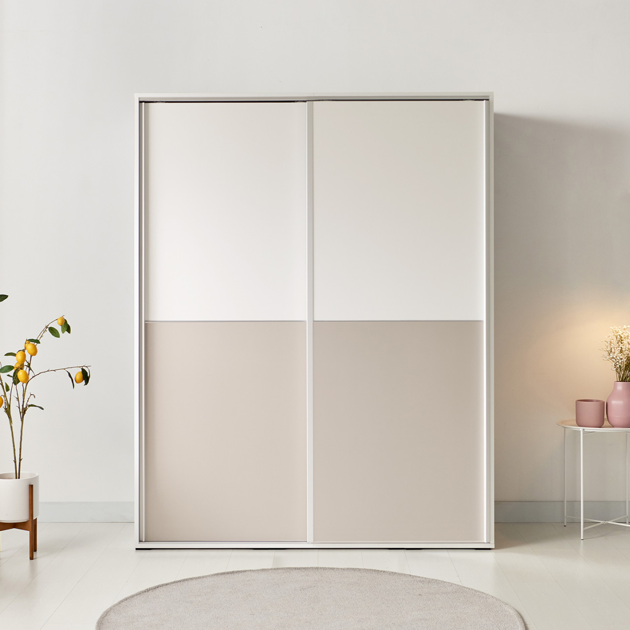갤러리 슬라이딩 옷장 1600 키큰장 미닫이 슬라이드 옷장 화이트 웜베이지 1번+1번 - 상품 이미지