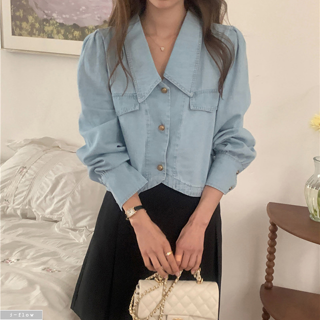 메이롱 카라 퍼프 크롭 데님 자켓 2col 봄 가을 브이넥 블라우스 코튼 금장 제이플로우 - 상세 이미지 2