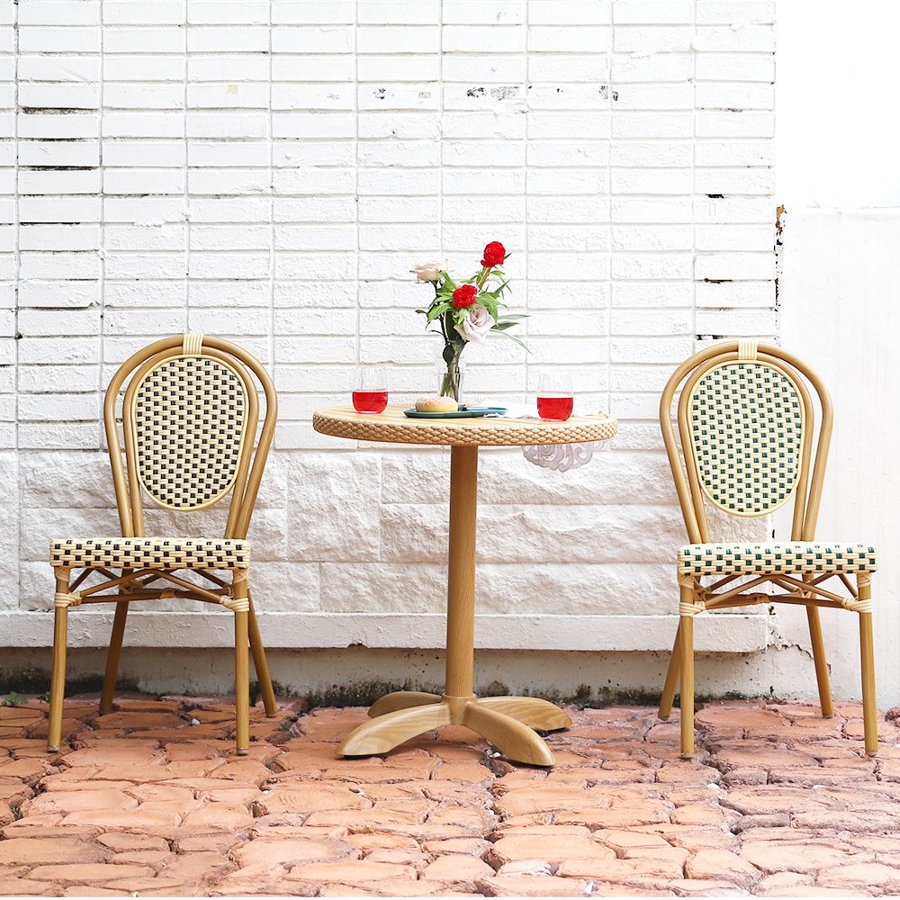 (2인세트)루시아 야외용 카페테라스 레스토랑 라탄 의자 테이블 세트 내추럴 그린