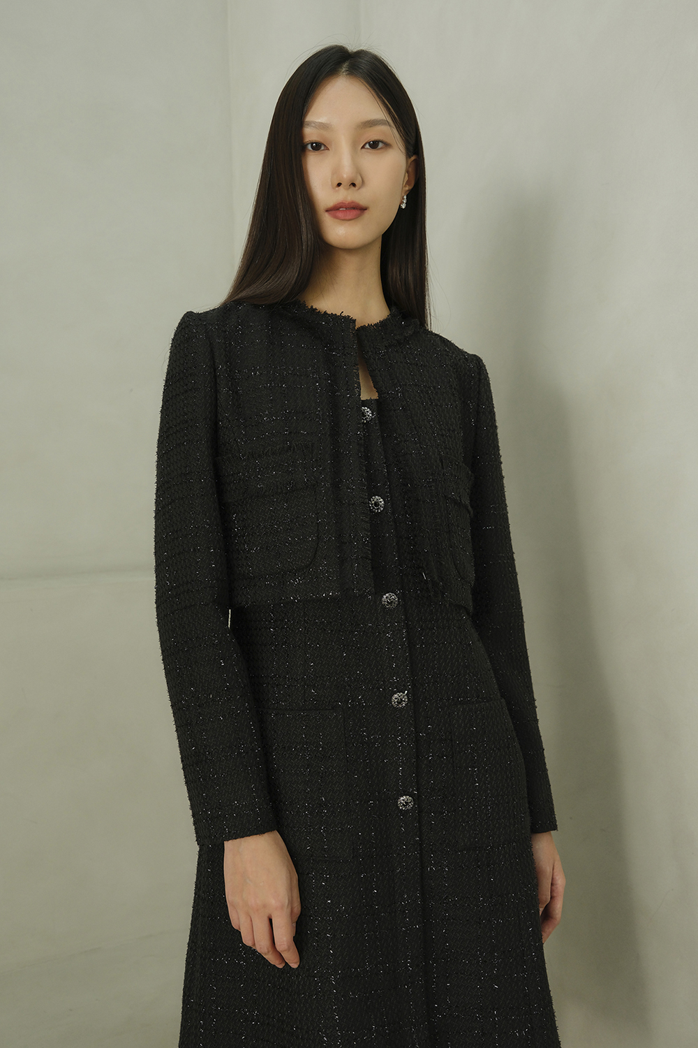 JANE Long sleeve Fringe Tweed Cropped Jacket_black - 상세 이미지 5
