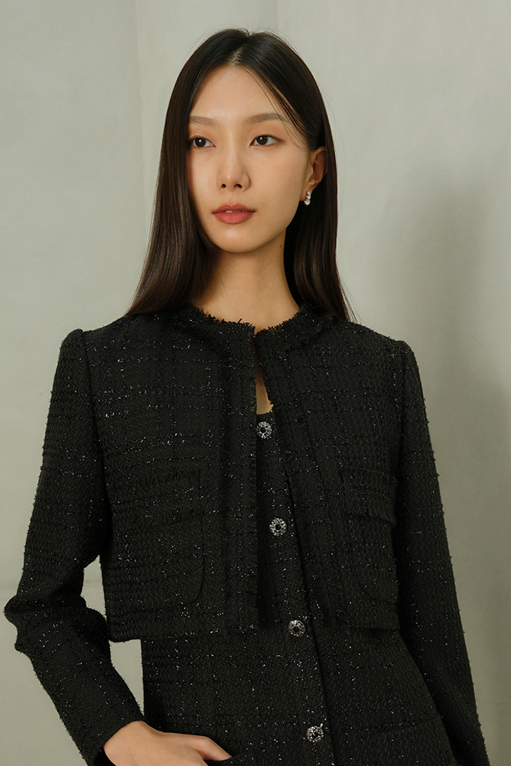 JANE Long sleeve Fringe Tweed Cropped Jacket_black - 상품 이미지