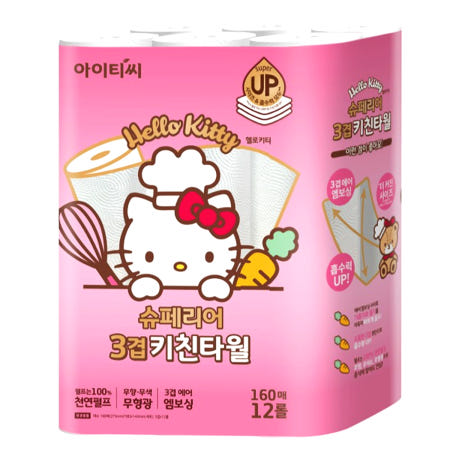 헬로키티 키친타올 슈페리어 3겹 160매12롤 업소용 두꺼운 대용량