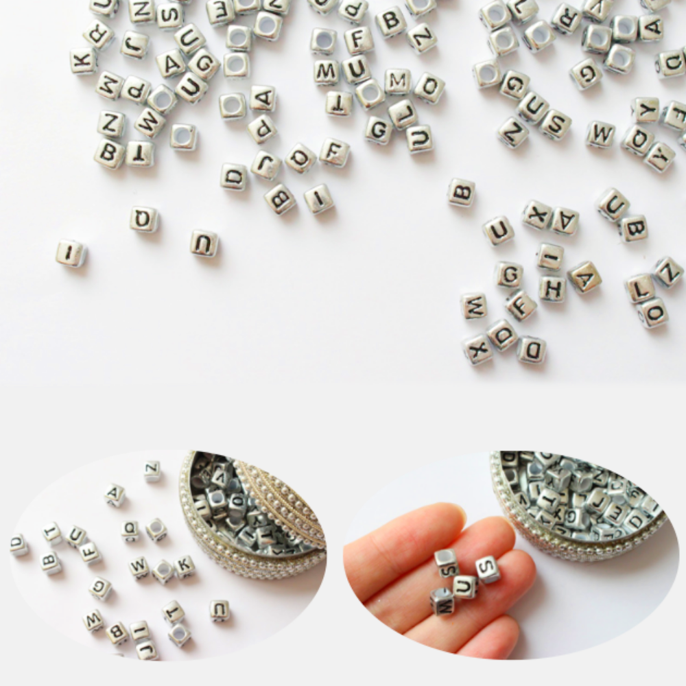 은빛실버사각 이니셜알파뱃비즈 100개입 팔찌목걸이 비즈공예재료