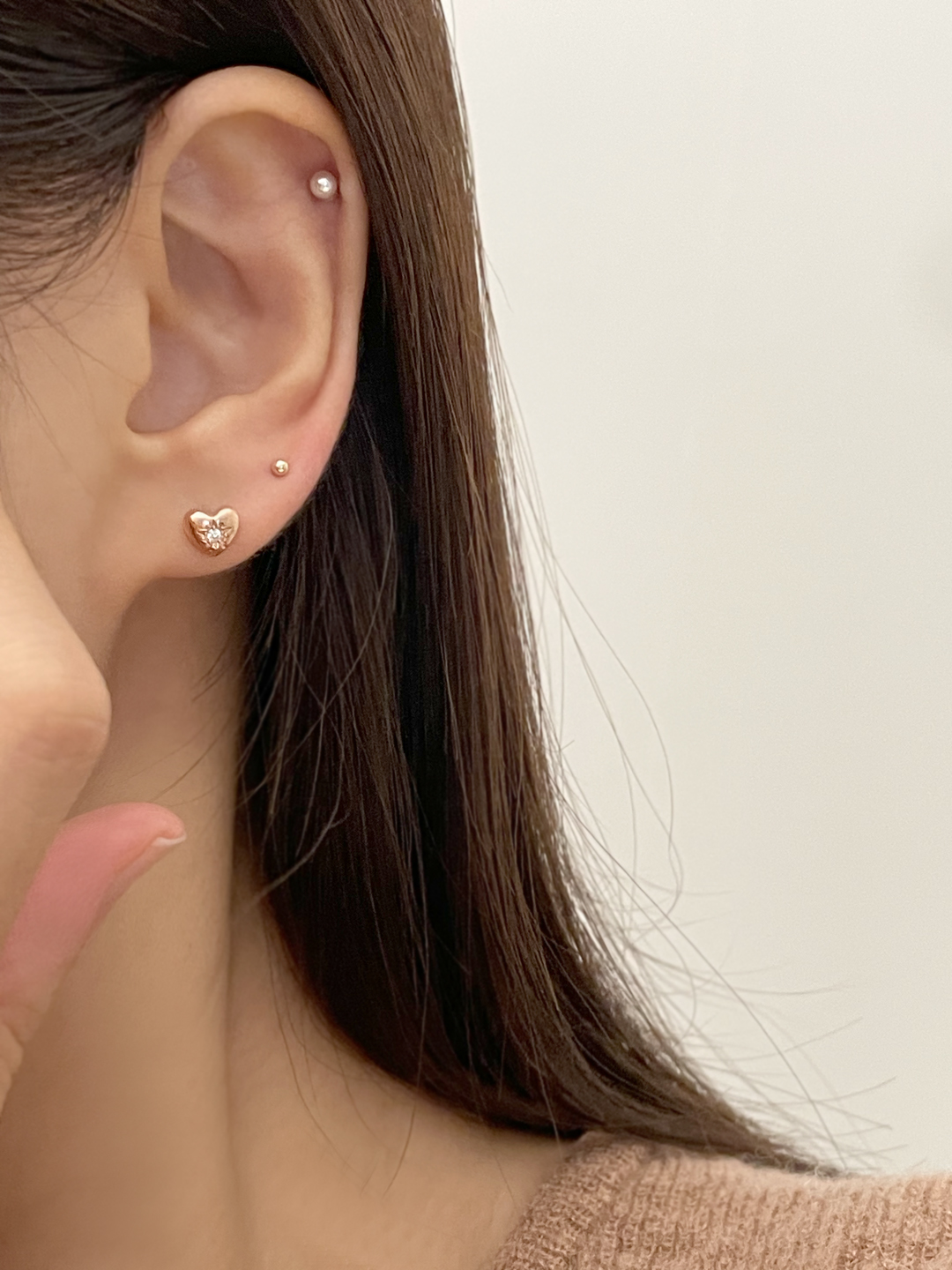 14k 제넷 하트 큐빅 피어싱 - 데일리 러블리 심플 피어싱귀걸이 아웃컨츠 이너컨츠 - 상세 이미지 2