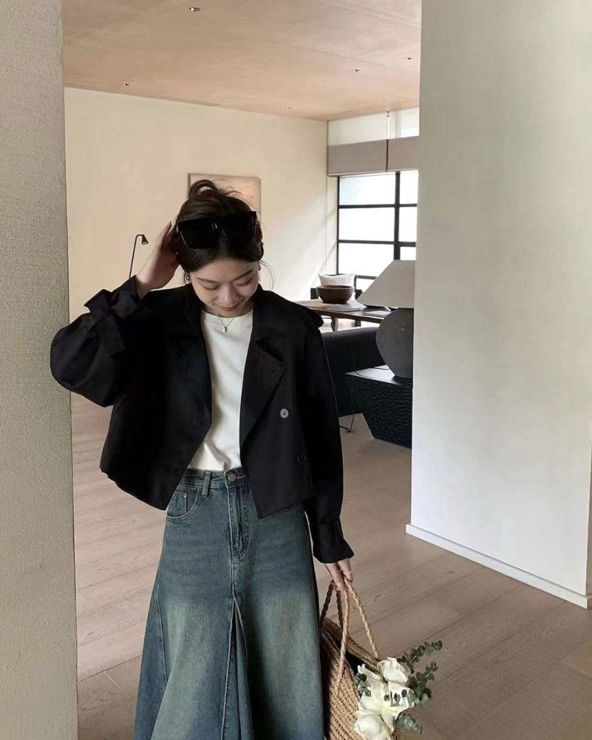 [당일배송/간절기아우터] 바바리 트렌치 코트 투버튼 숏 자켓 가을 봄 하프 크롭 꾸안꾸 키작녀 상세 이미지 9