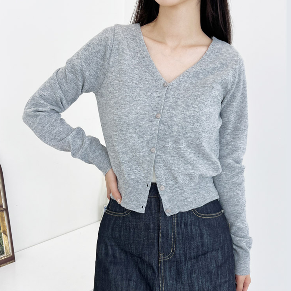 보카시가디건 그레이 회색 니트 크롭 브이넥 간절기 가디건 - 상세 이미지 2