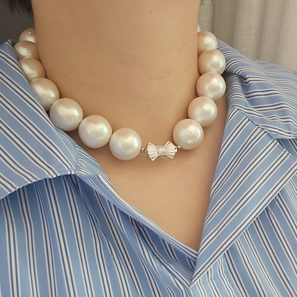 20mm 22mm 프리미엄 자이언트 볼드한 코튼펄 왕 진주 초커 마그넷 자석 목걸이 - 상세 이미지 5