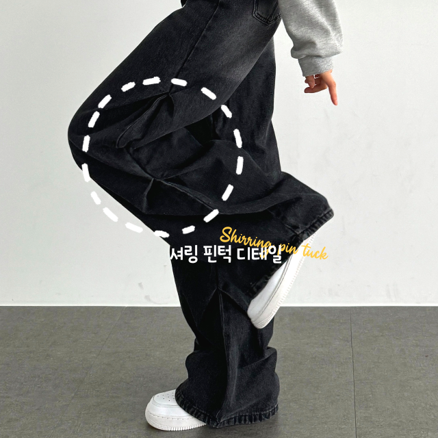 유니크 빈티지워싱 핀턱 와이드 캣브러쉬 워싱 디테일 데님 팬츠 - 상세 이미지 3