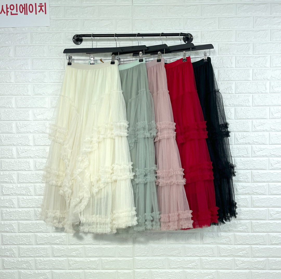 끝단말끔손질 풍성 자수 시스루롱 샤스커트 레이스 망사 플레어치마 A라인 케이크프릴 레드 - 상세 이미지 3