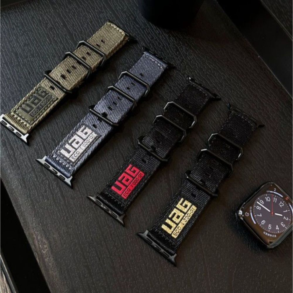 애플워치 10세대 캔버스 스트랩 나일론 레터링 밴드 블랙 옐로우 라벨 3링 캔버스 스트랩 40mm iwatch4/5/6/SE 세대 - 상품 이미지