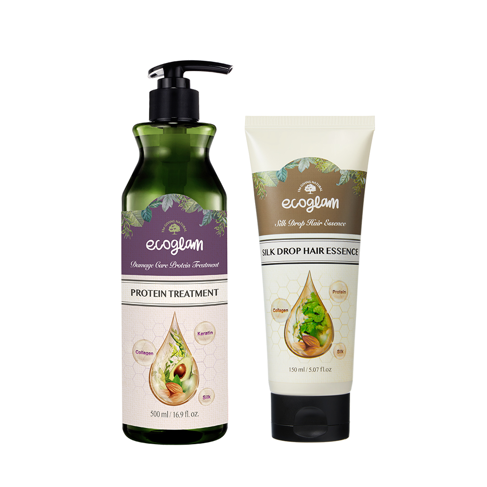 에코글램 데미지 케어 단백질 트리트먼트 500ml+실크 드롭 단백질 헤어에센스 수분크림 150ml (2종세트) - 메인 이미지