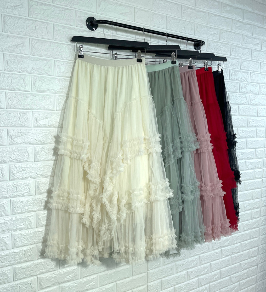 끝단말끔손질 풍성 자수 시스루롱 샤스커트 레이스 망사 플레어치마 A라인 케이크프릴 레드 - 상세 이미지 2