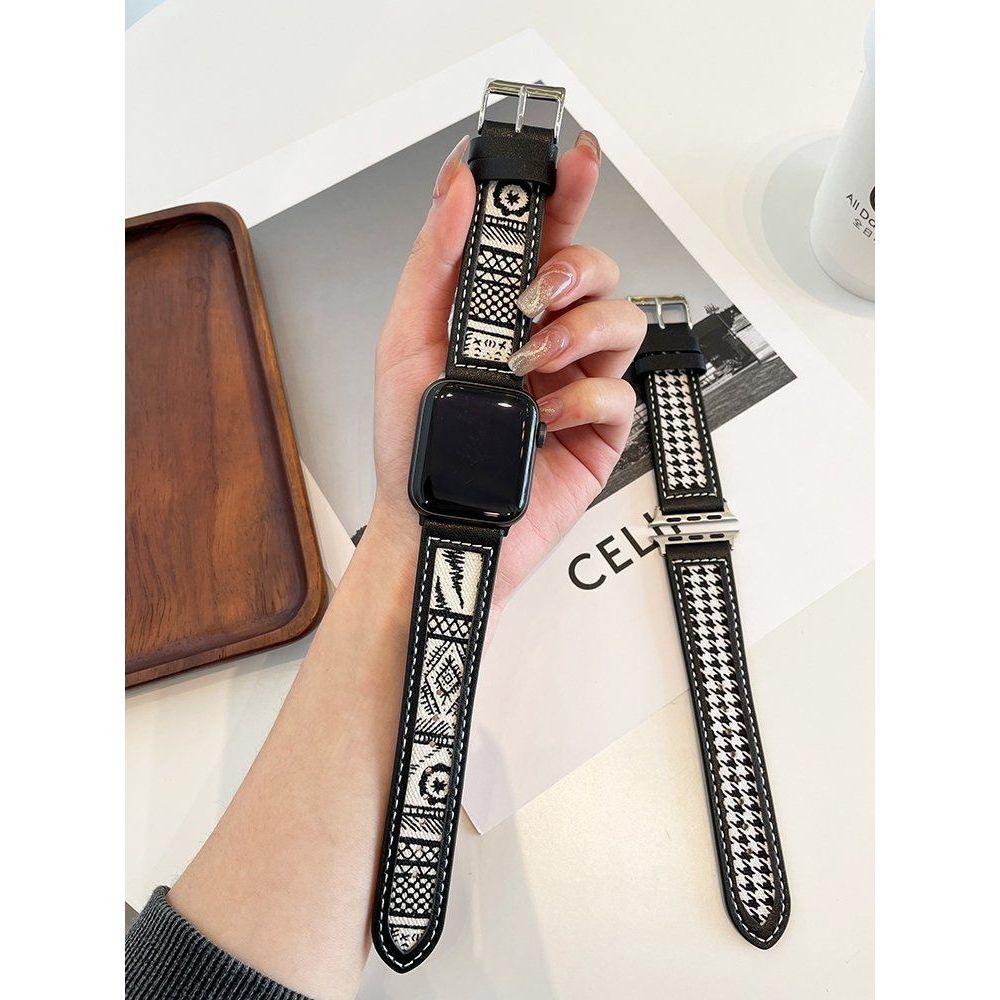 애플워치10 10세대 가죽 스트랩 레트로 하운드투스 캔버스 밴드 하운드투스 42mm iwatch10 - 상품 이미지