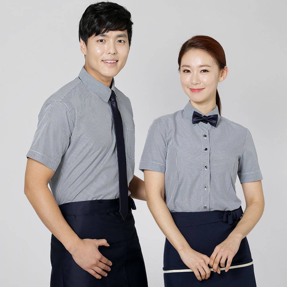 곤색체크 면스판 반팔셔츠  / 카페 식당 바리스타 유니폼 서빙셔츠 : 포미나가운