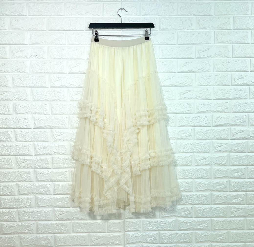 끝단말끔손질 풍성 자수 시스루롱 샤스커트 레이스 망사 플레어치마 A라인 케이크프릴 레드 - 상세 이미지 4