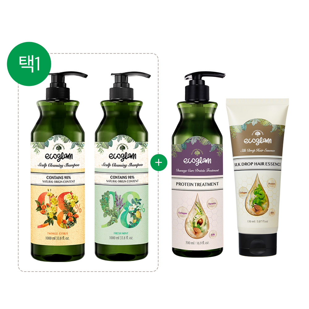 [3종 SET] 에코글램 스칼프 클렌징 샴푸1000ml+단백질 트리트먼트500ml+실크 드롭 단백질 헤어에센스 수분크림150ml - 상세 이미지 2
