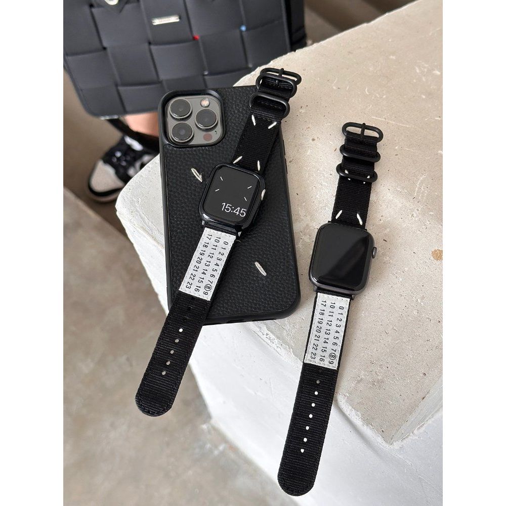 애플워치10 10세대 스트랩 액정 케이스 라벨 캔버스 밴드 블랙 스트랩 + 블랙 케이스 42mm(iwatch10세대) - 상품 이미지