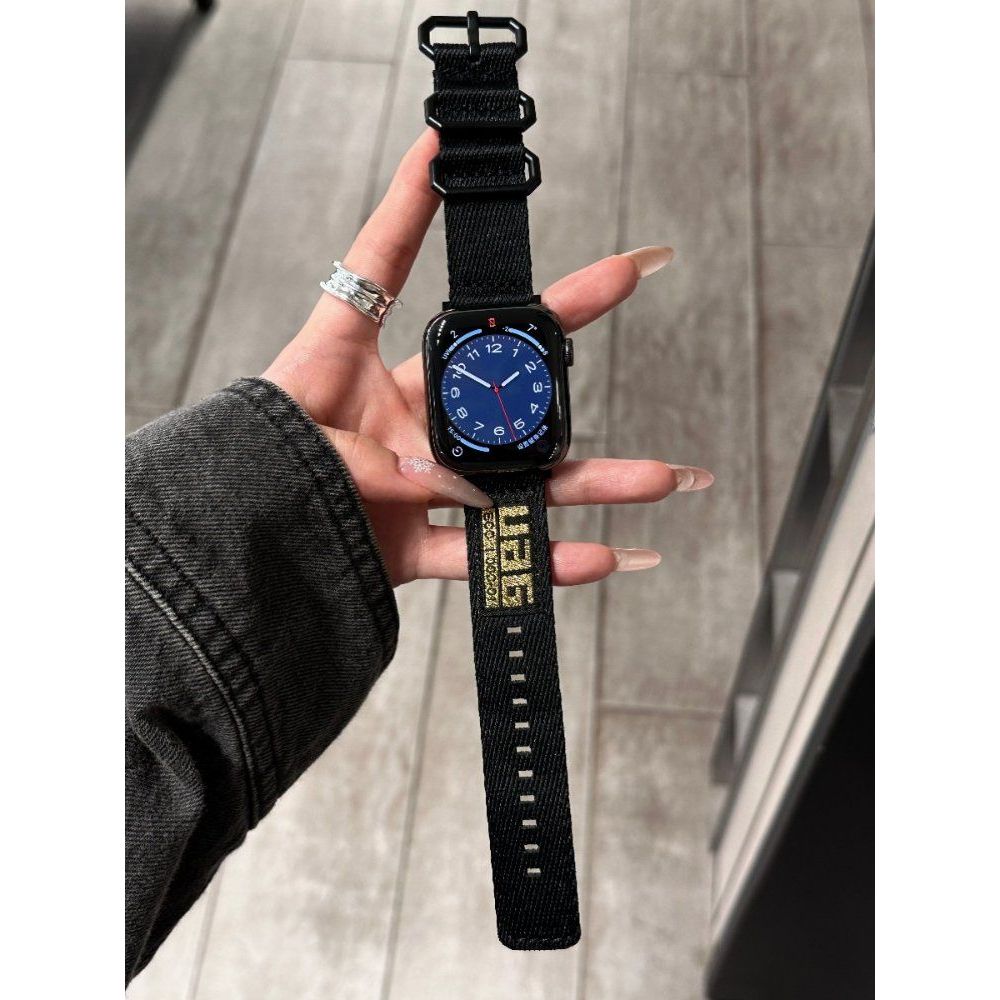 애플워치 10세대 캔버스 스트랩 나일론 레터링 밴드 블랙 옐로우 라벨 3링 캔버스 스트랩 40mm iwatch4/5/6/SE 세대 - 상세 이미지 5