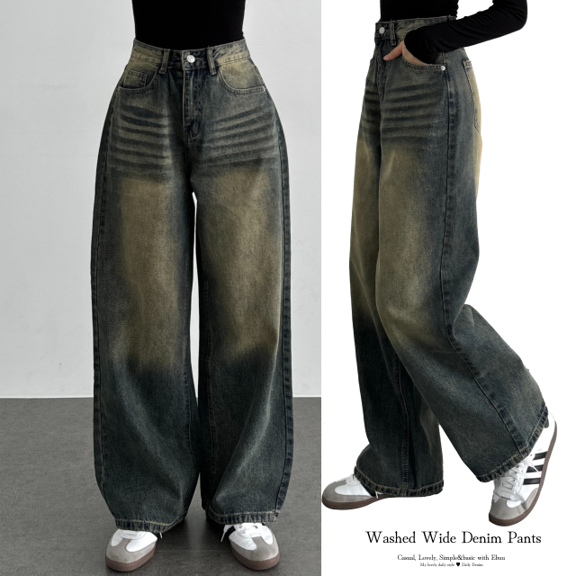 빈티지워싱 하이웨스트 캣워싱 와이드 데님 롱 팬츠 - 상세 이미지 4