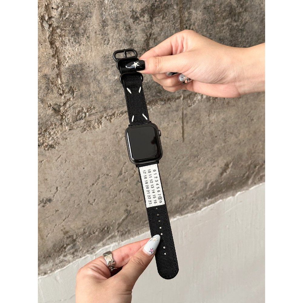 애플워치10 10세대 스트랩 액정 케이스 라벨 캔버스 밴드 블랙 스트랩 + 블랙 케이스 42mm(iwatch10세대) - 상세 이미지 2