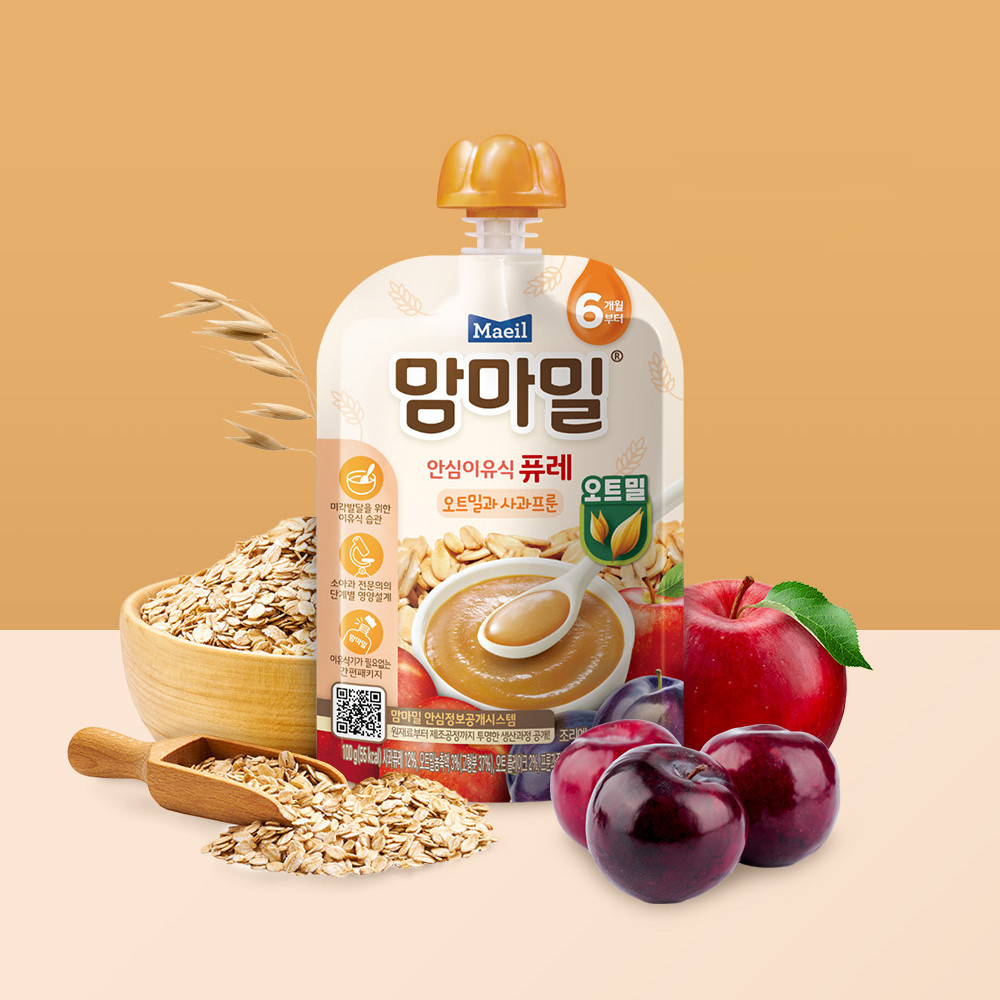 맘마밀 안심이유식 퓨레 6개월 오트밀과 사과프룬 100g 10팩 : 매일유업 직영스토어