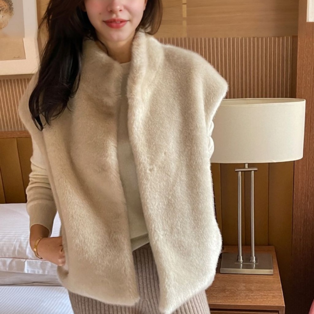 인조 밍크퍼 캐주얼 하이넥 조끼 베이지 브라운 - 상세 이미지 2