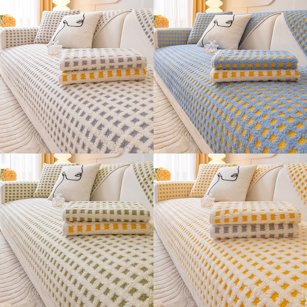 달떵 극세사 양털 퍼 쇼파 패드 그레이 체크 커버 러그 매트 덮개 3인 4인 70x180