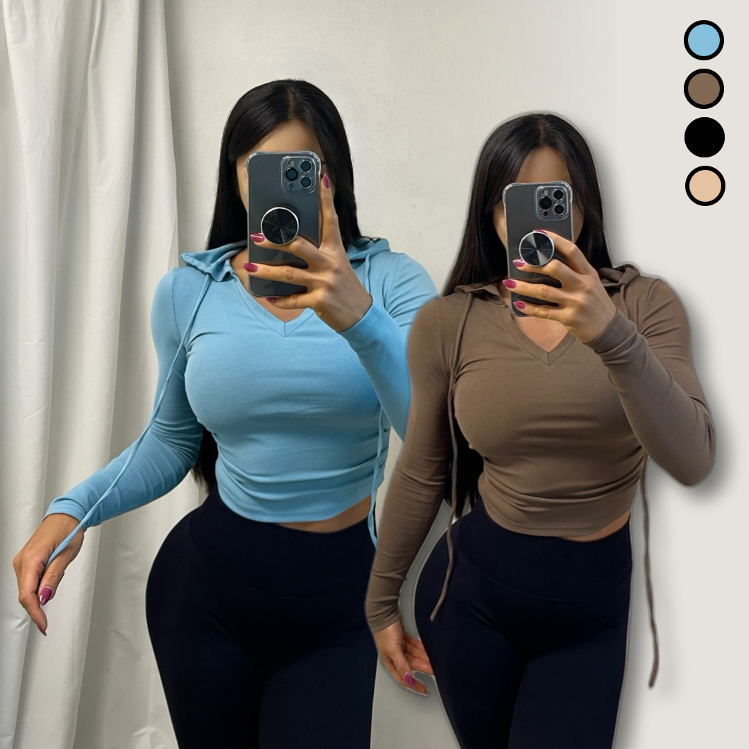 여자 후드 긴팔 크롭티 스판 슬림 몸매보정 티셔츠 4color - 상품 이미지