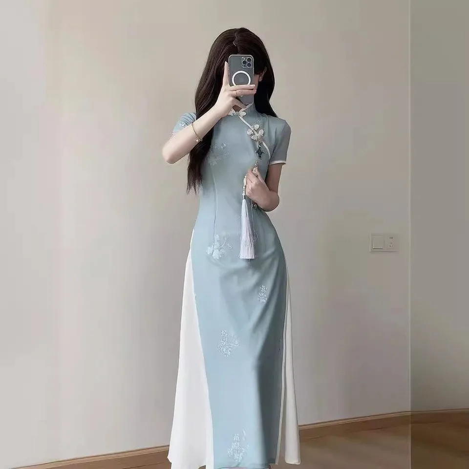 아오자이 원피스 아오자이 전통의상 이브닝 여신 개량 치파오 공연 무대 - 상세 이미지 2
