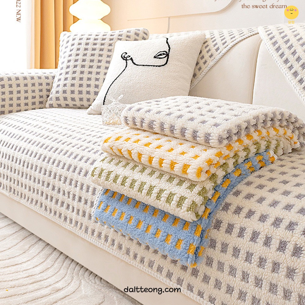 달떵 극세사 양털 퍼 쇼파 패드 그레이 체크 커버 러그 매트 덮개 3인 4인 70x180