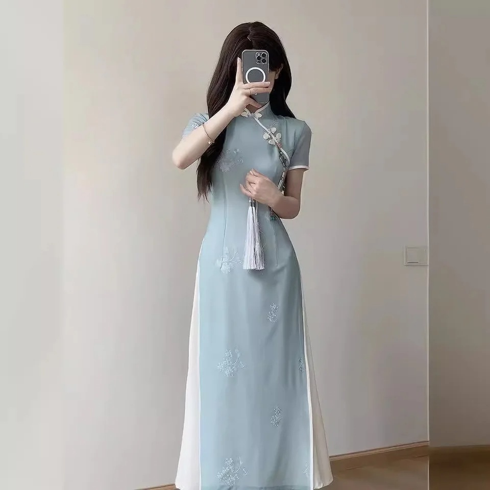 아오자이 원피스 아오자이 전통의상 이브닝 여신 개량 치파오 공연 무대 - 상세 이미지 3