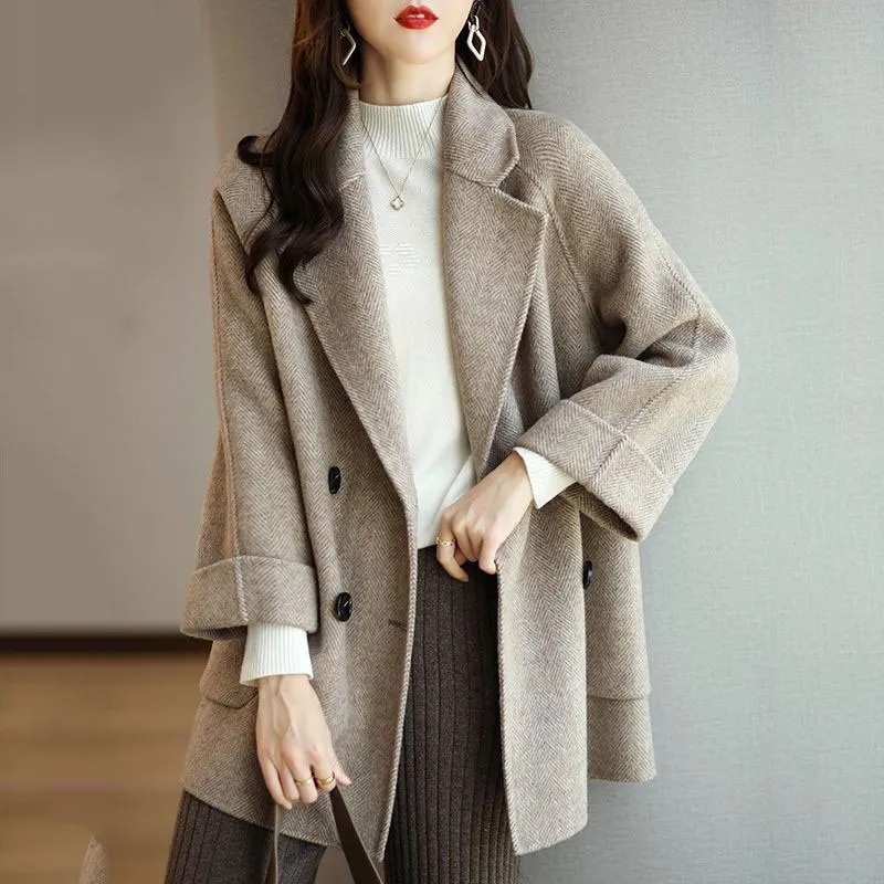 여성 빅사이즈 헤링본 하프코트 모직 롱자켓 - 상세 이미지 2