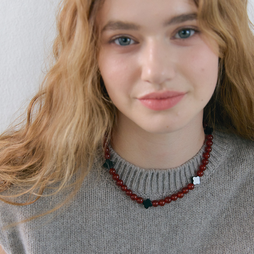 볼드한 레드 자마노 오닉스 원석 클로버 비즈목걸이 써지컬목걸이 - 상세 이미지 2