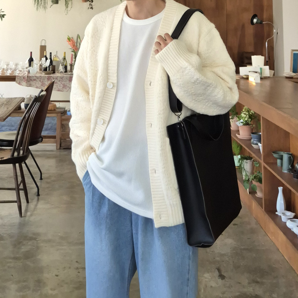 남자 긴팔티 오버핏 이너 오버핏 흰색 무지 티셔츠 - 상세 이미지 3