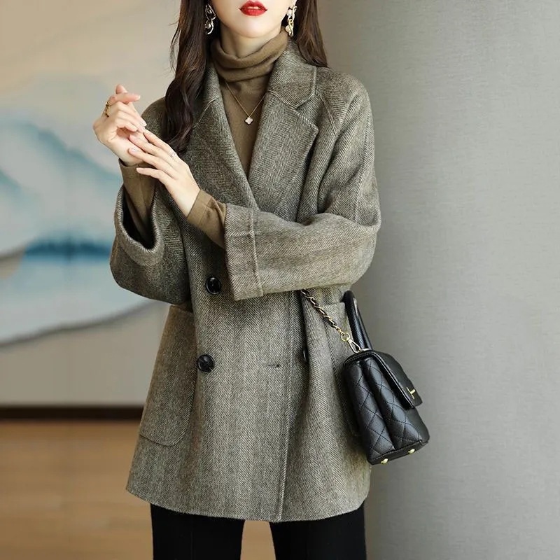 여성 빅사이즈 헤링본 하프코트 모직 롱자켓 - 상세 이미지 5