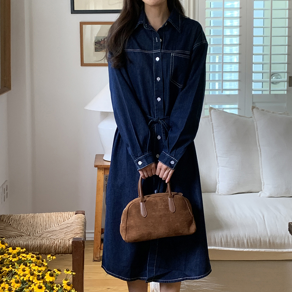 루즈핏 카라 데님 청 셔츠형 롱 원피스 여성 원피스 레이어드 a라인 연청 진청 반팔 긴팔 이미지 8