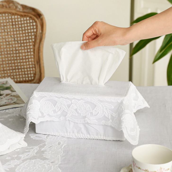 메종 프렌치 화이트 린넨 자수 각 티슈 휴지 커버 케이스 커버 디스펜서 A타입