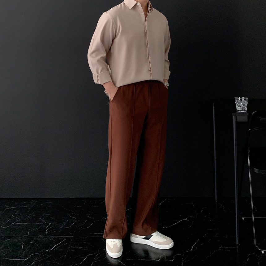 1+1 남자와이드팬츠 빅 사이즈 밴딩 가을 통바지 삥줄 핀턱 슬랙스 - 상세 이미지 4