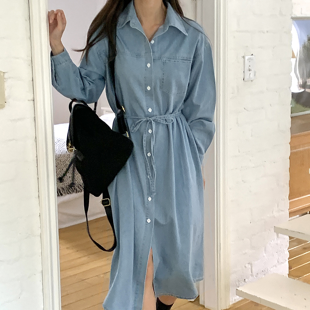 루즈핏 카라 데님 청 셔츠형 롱 원피스 여성 원피스 레이어드 a라인 연청 진청 반팔 긴팔 이미지 6