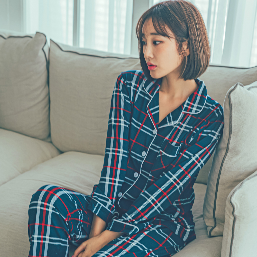 도씨 홈웨어 여성용 피치기모 긴팔 카라 커플 잠옷 상하의 세트