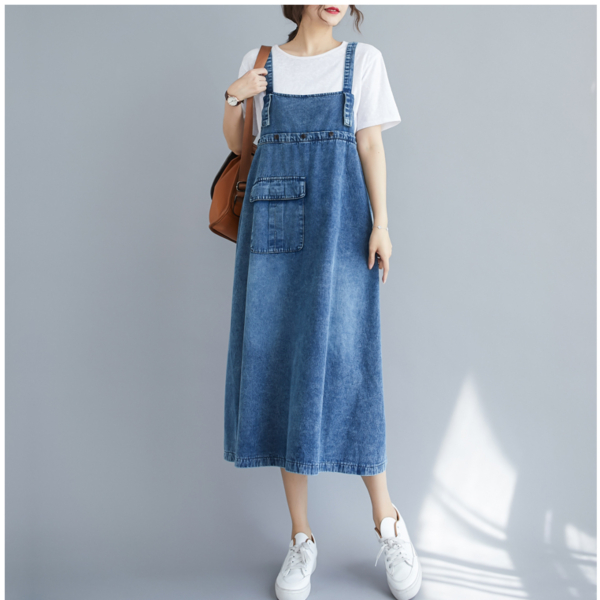 여성 루즈핏 등조임 멜빵 청원피스 롱 데님원피스 ★FREE-SIZE★ - 상품 이미지