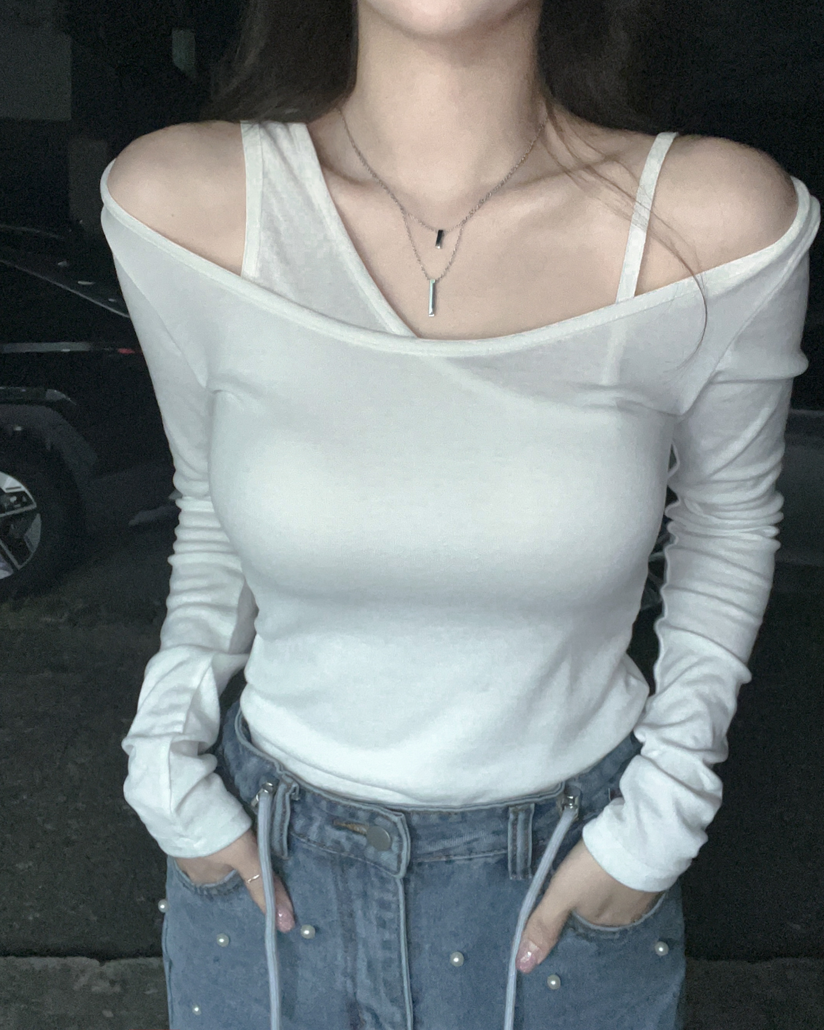 레이어드티 어깨트임티셔츠 오픈숄더티 - 상품 이미지